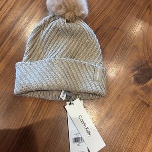Calvin Klein Kids Tan Knit Hat with Pom-Pom
